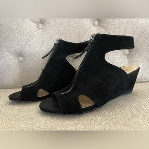 Reba black suede zipper wedge sandal. Never worn. NWOT size 7.5